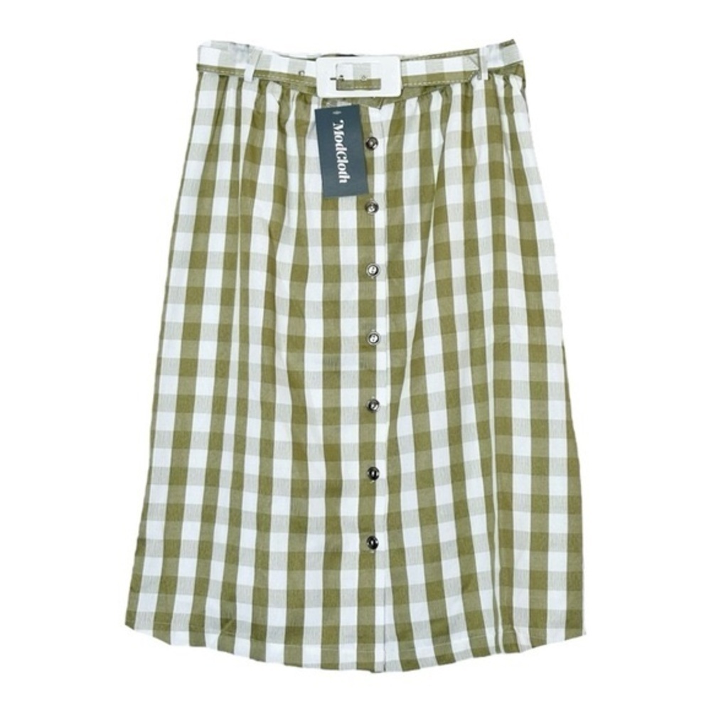 ModCloth A-line Skirt 10 NWT Green Gingham Plaid Retro Belted Button Front